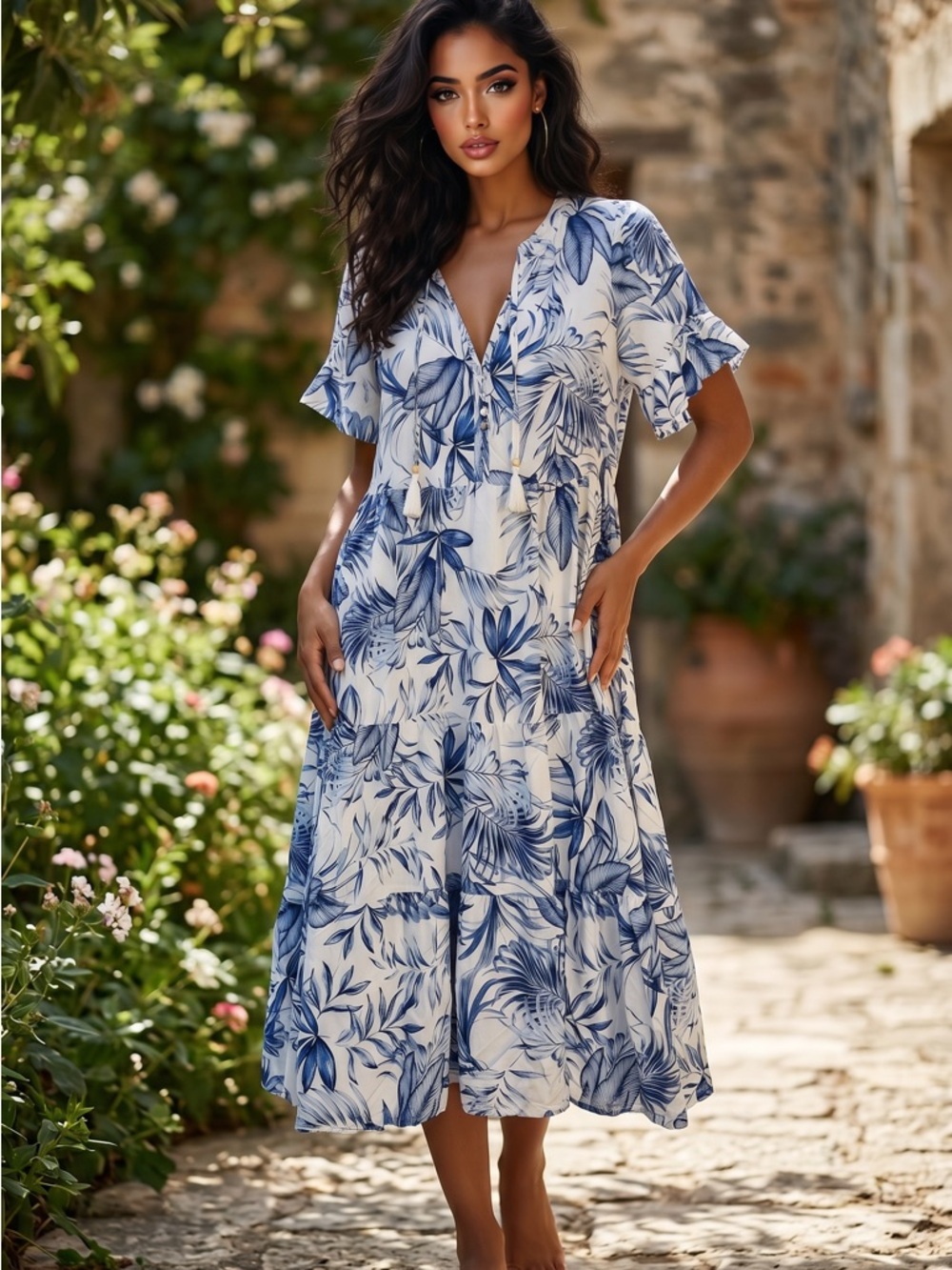 🌟B624. Stylish Chic Floral Midi Dress